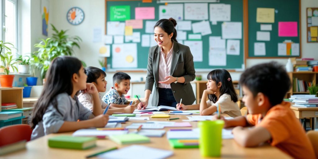 Kelas yang cerah dengan siswa dan guru yang aktif.