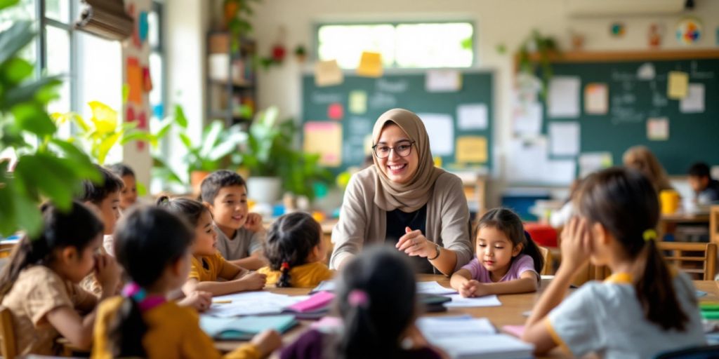 Kelas aktif dengan siswa dan guru di Indonesia.