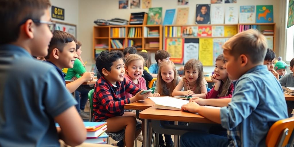 Ruang kelas yang ramai dengan siswa belajar bersama.