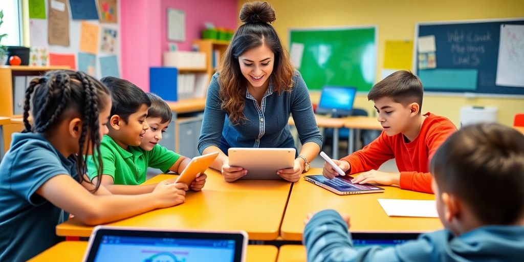 Ruang kelas modern dengan siswa belajar menggunakan teknologi.