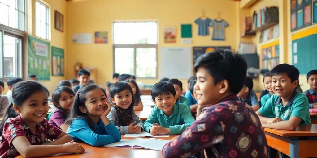 Siswa belajar bersama di kelas yang cerah dan berwarna.